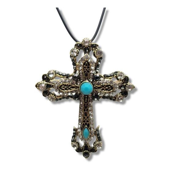 Gold tone multicolor Crystal Cross Brooch Pendant - Picture 1 of 6